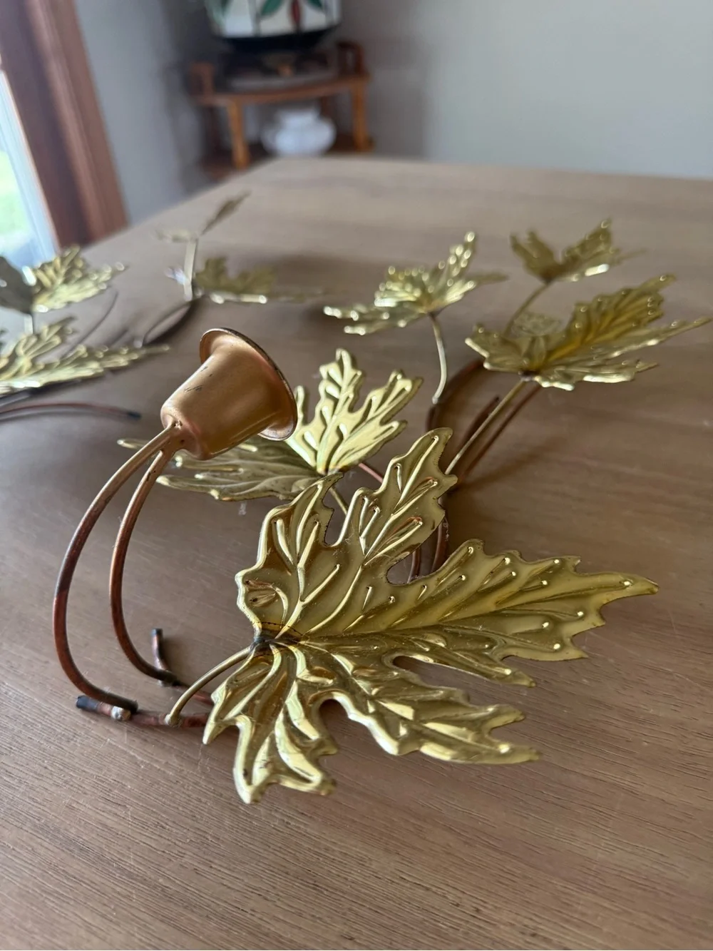 2 VTG HOMCO HOME INTERIOR BRASS COPPER MAPLE LEAF SCONCE CANDLE HOLDERS